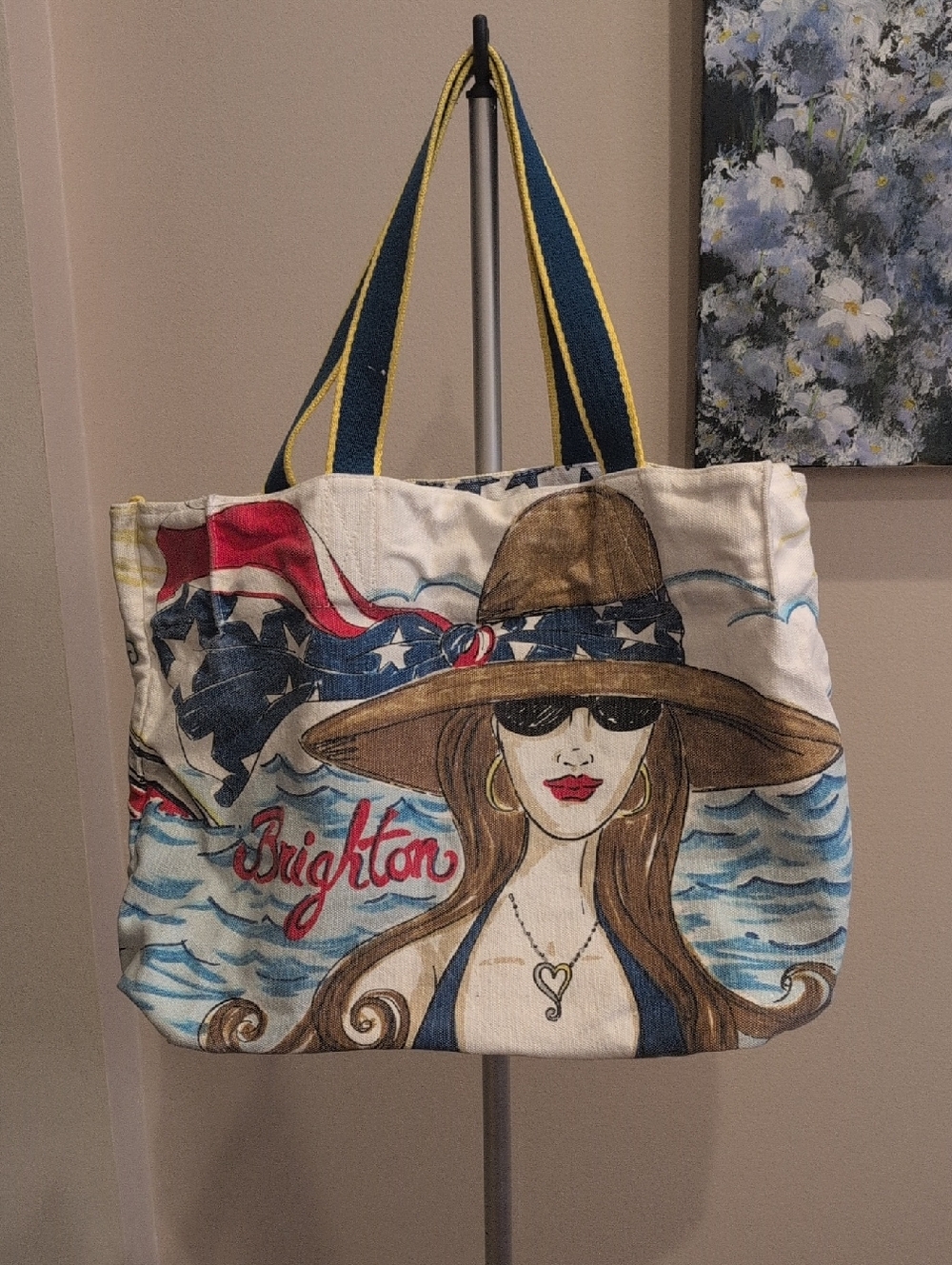 Brighton Canvas Tote with Illustrated Woman in Cream, Blue & Brown